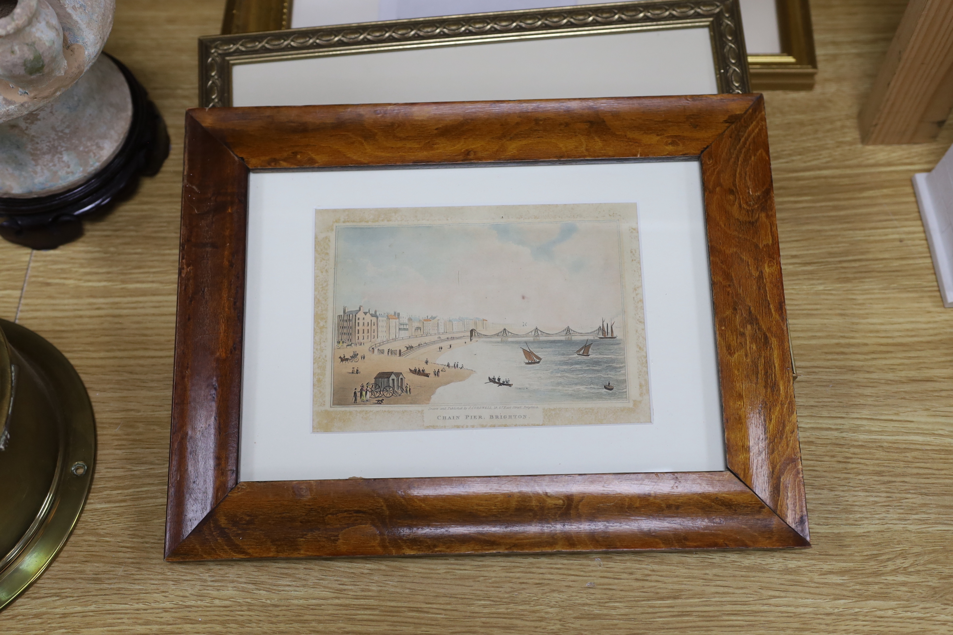 Five 19th century engravings and prints of Brighton Chain pier, some hand coloured including, ‘Chain pier’, publ. J Cordwell, ‘Dieppe steam packet ship’ and one other after R.H Nibbs, printed by C. Moody, largest size 23
